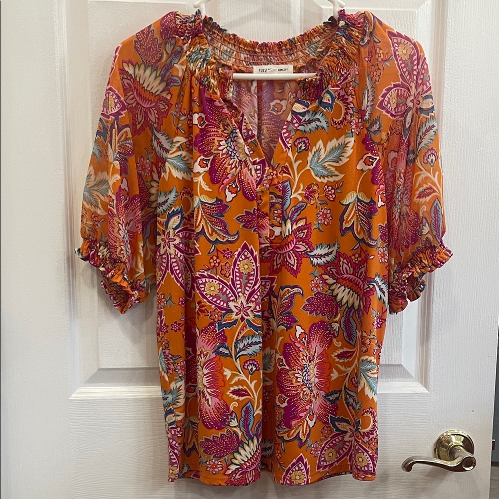 Orange pink blue Floral Blouse size S